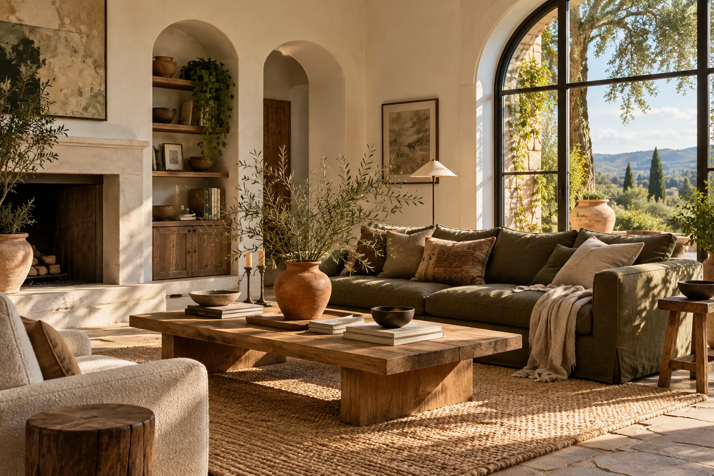Sunlit living room with olive sofa, oak furniture and natural textures