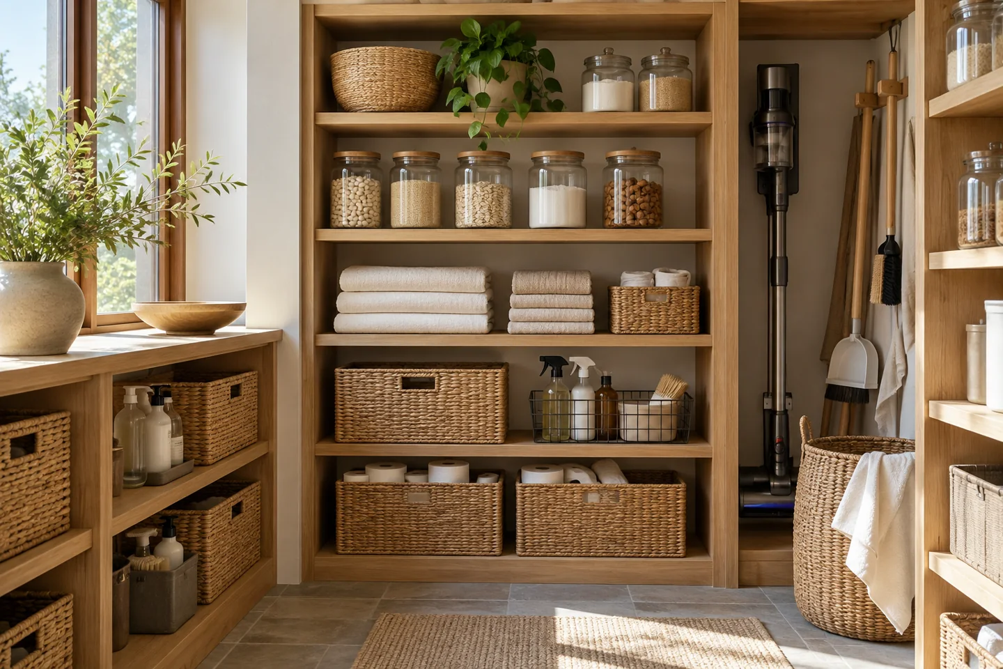 Organized pantry with baskets and storage jars